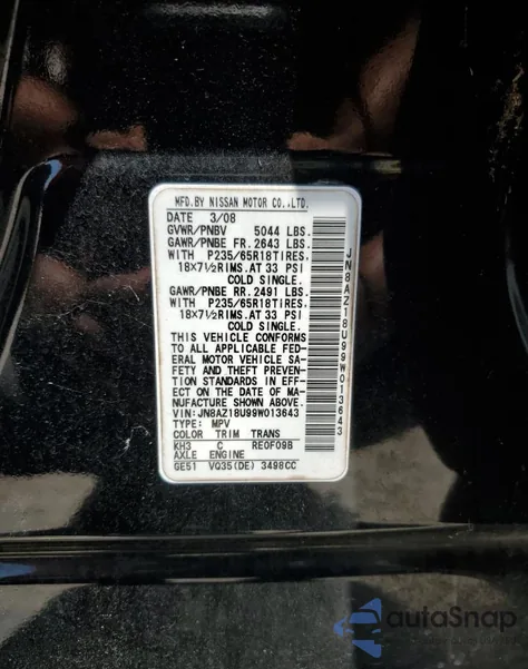 2009 Nissan Murano S z USA, uszkodzony, nr VIN JN8AZ18U99W013643